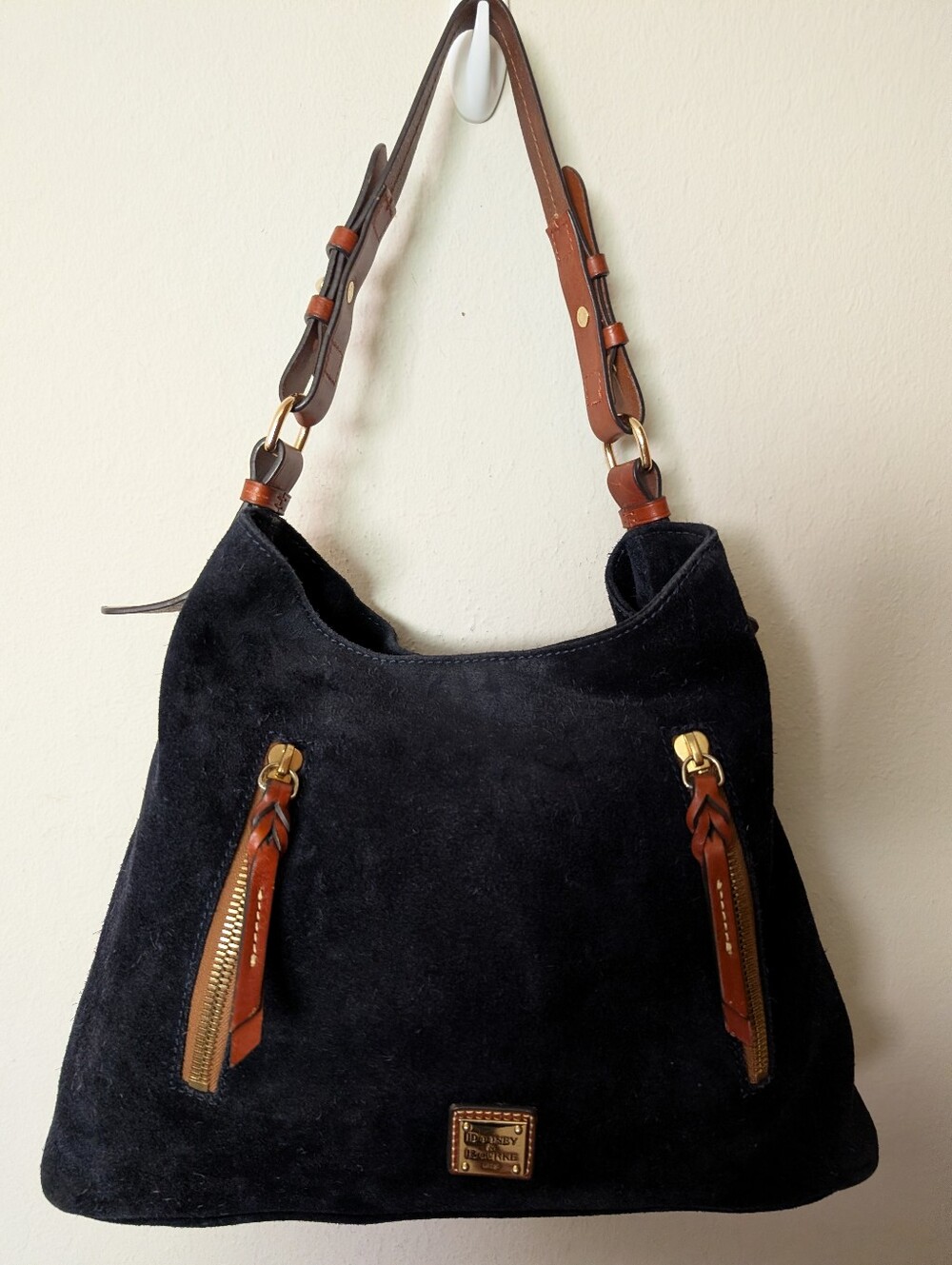 Dooney & Bourke Blue Suede Hobo Bag with Brown Leather Trim